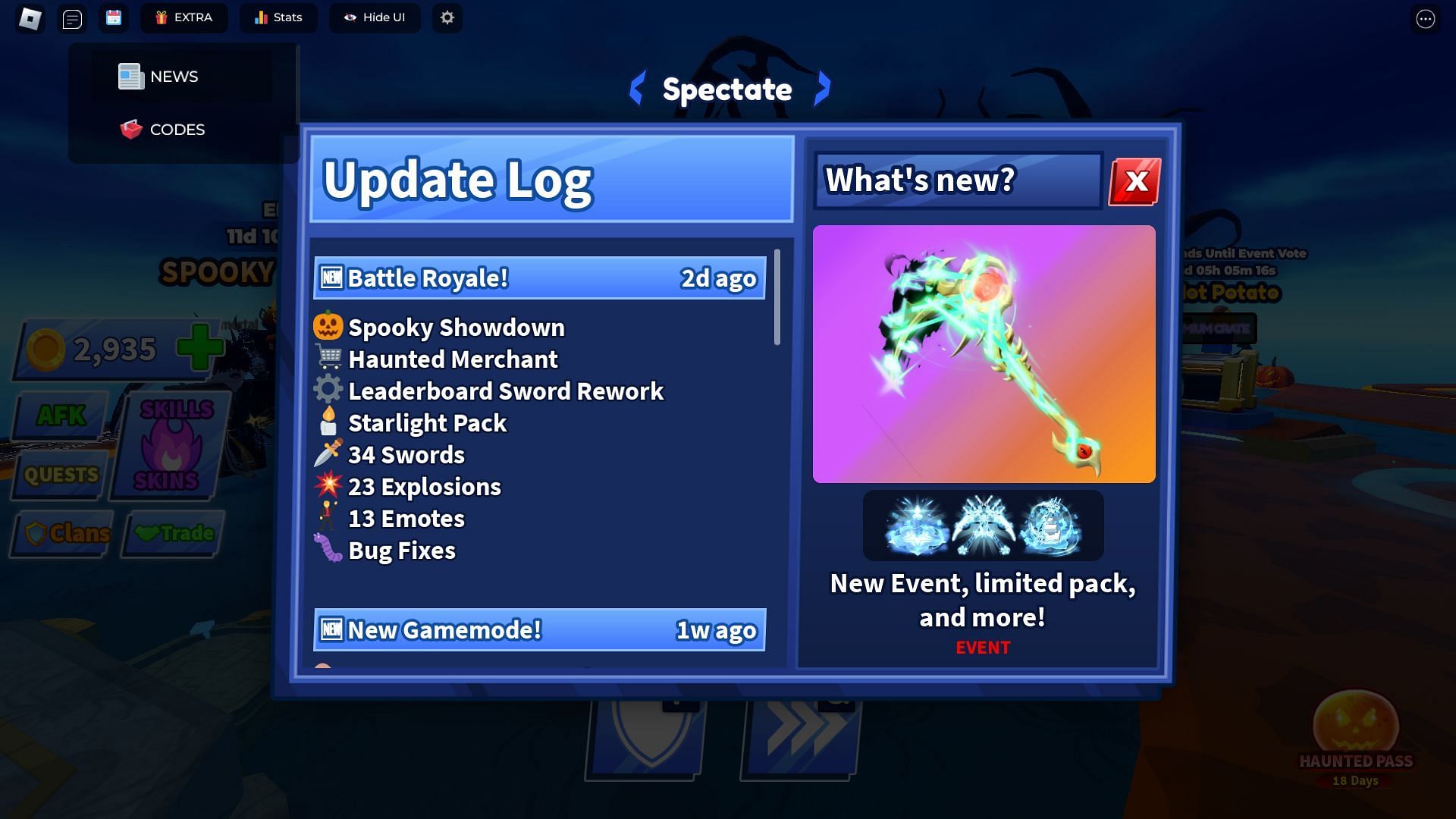 In-game update log (Image via Roblox)