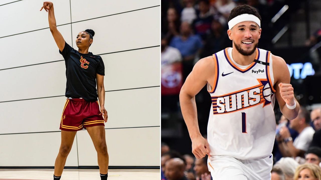 JuJu Watkins reacts to Devin Booker rocking &quot;USC Edition Book 1&quot; sneaker in Suns