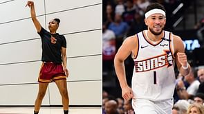 JuJu Watkins reacts to Devin Booker rocking "USC Edition Book 1" sneakers in Suns' season opener vs. Clippers