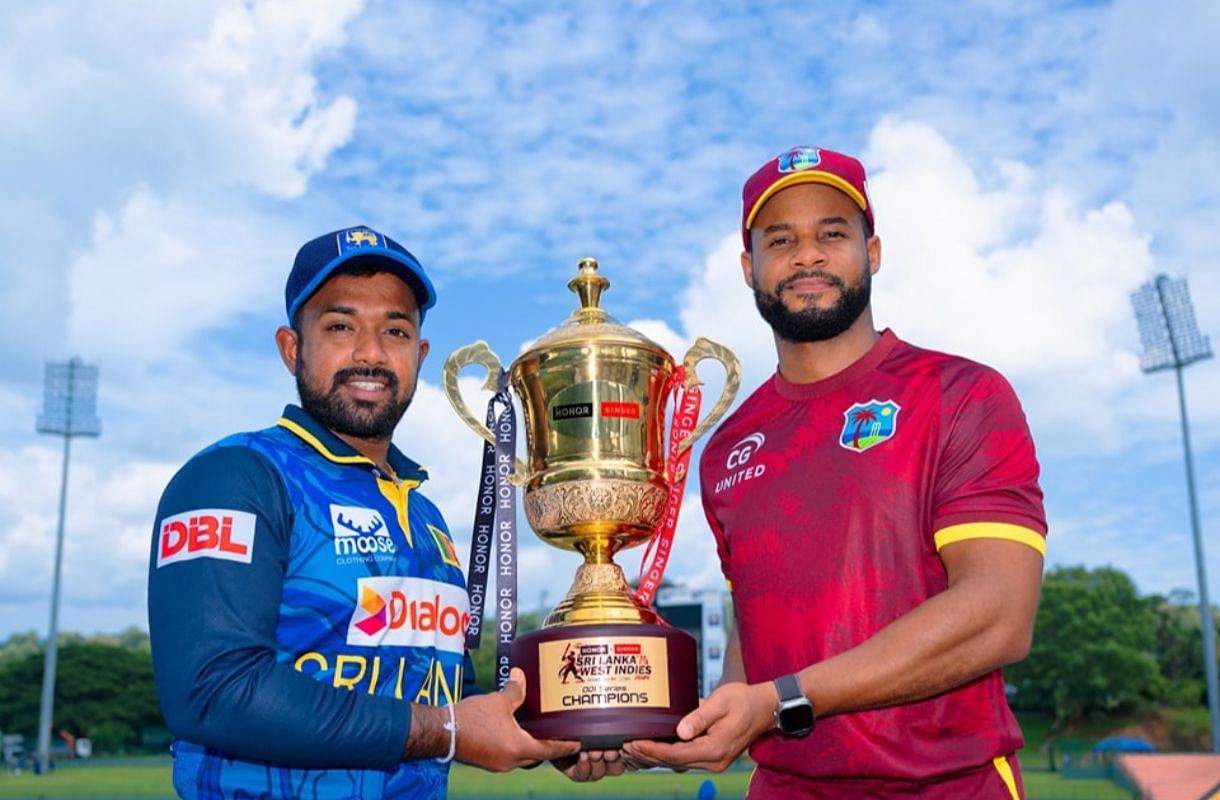 Charith Asalanka and Shai Hope - two captains posing with the ODI Trophy