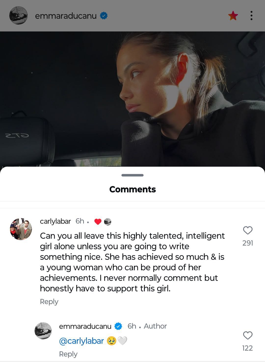 Emma Raducanu reacts to a message on her Instagram - Source - Instagram@emmaraducanu