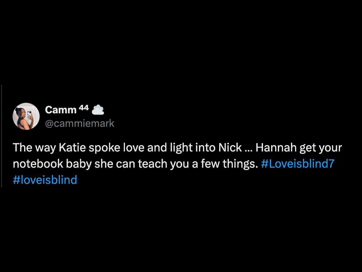 Love is Blind fans react to Nick and Katie&#039;s conversation (Image via X/@cammiemark)