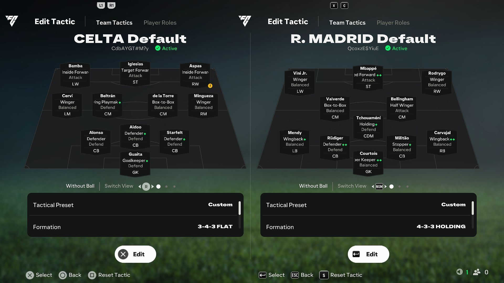 Real Madrid and Celta Vigo&#039;s default formations. (Image via EA Sports)