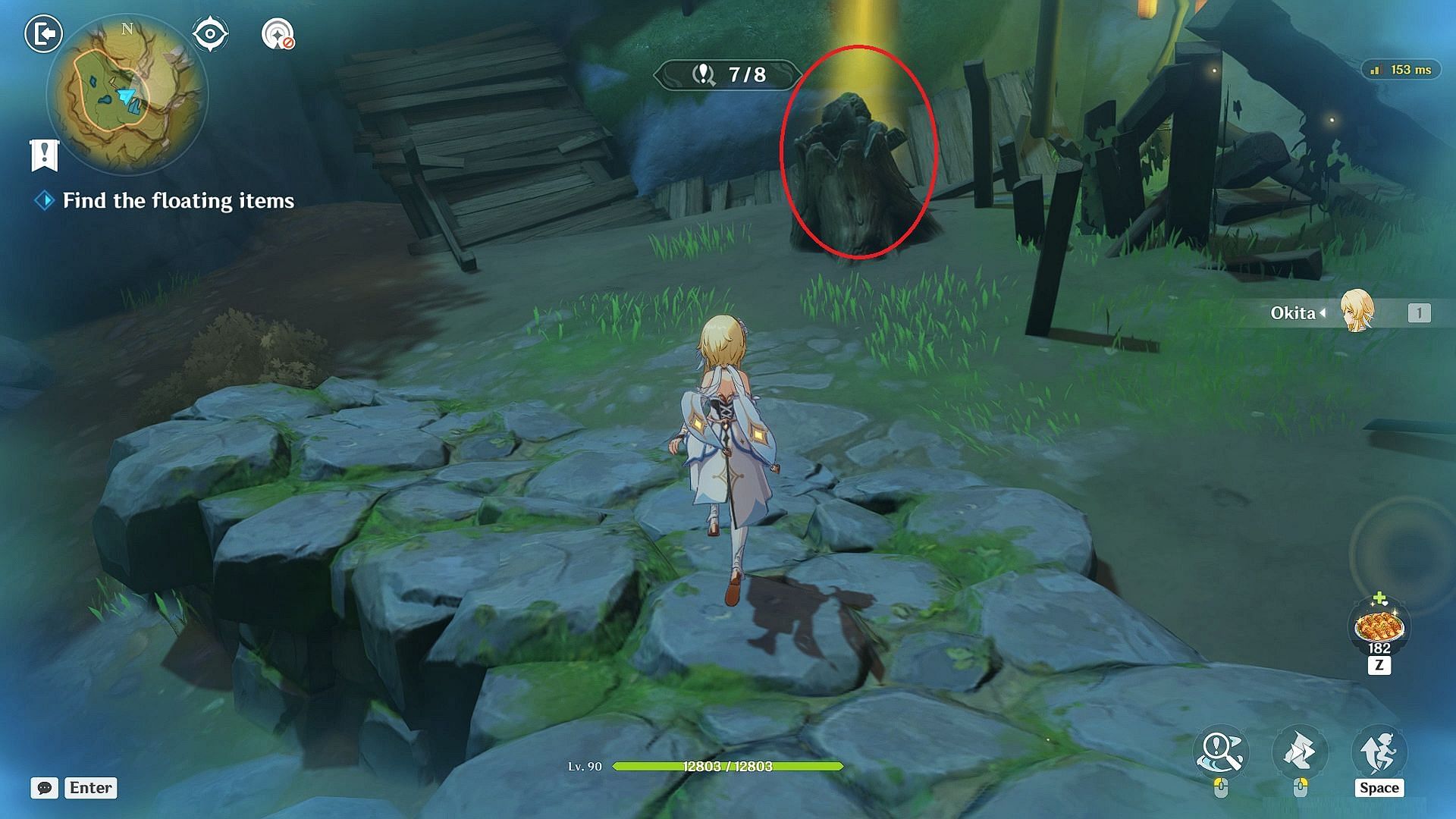 Floating statue behind the tree stump (Image via HoYoverse)