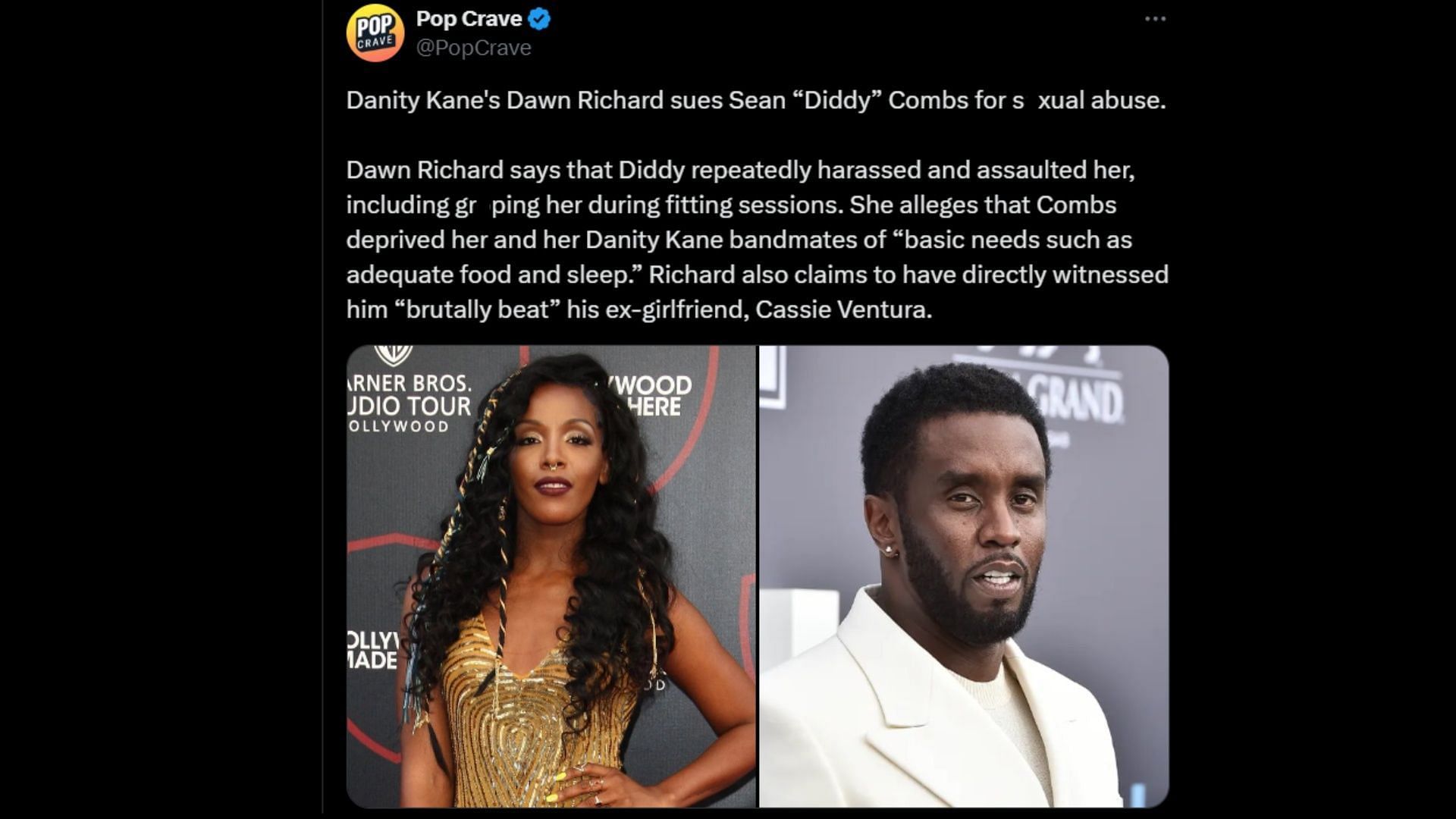 An overview of Dawn Richard&#039;s lawsuit against Diddy. (Image via X/PopCrave)