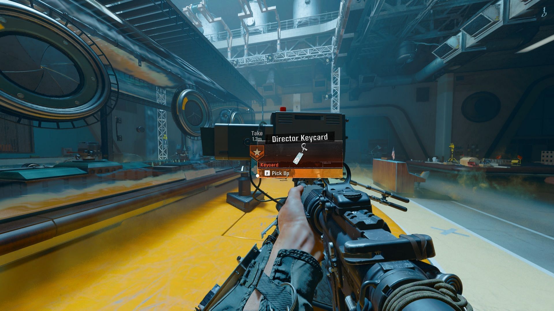 Picking up the Blue Card in the Joint Projects Facility in &quot;Emergence&quot; in Black Ops 6 (Image via Activision)