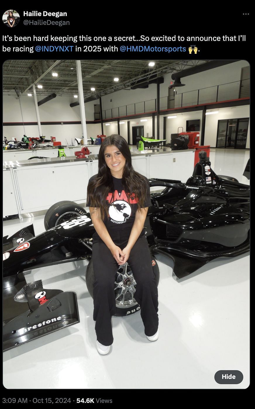 Hailie Deegan will join the Indy NXT grid next year (Source: @HailieDeegan on X)