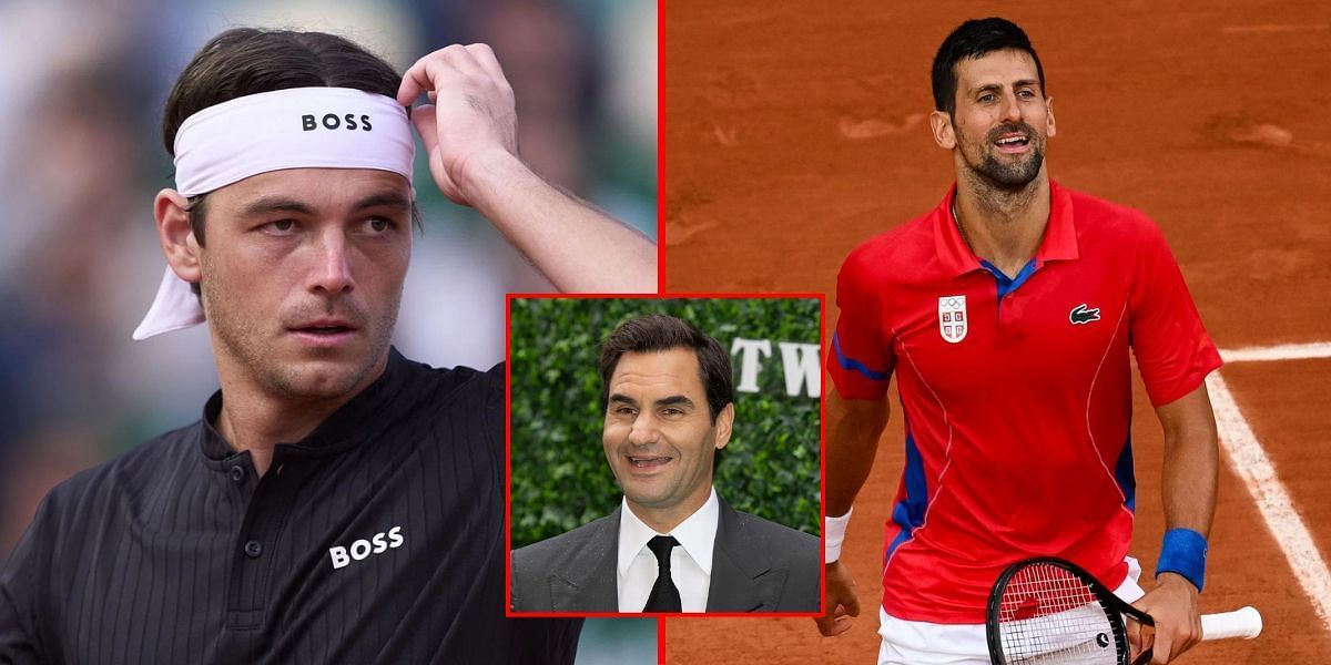 Taylor Fritz (L) Roger Federer (inset) Novak Djokovic (R). (Source: GETTY)