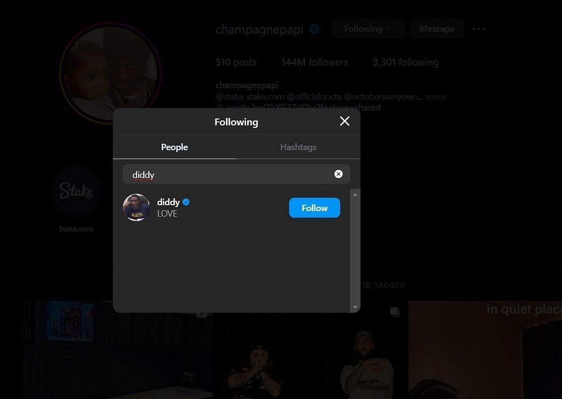 Drake is still following Diddy on Instagram (Image via @champagnepapi/Instagram)