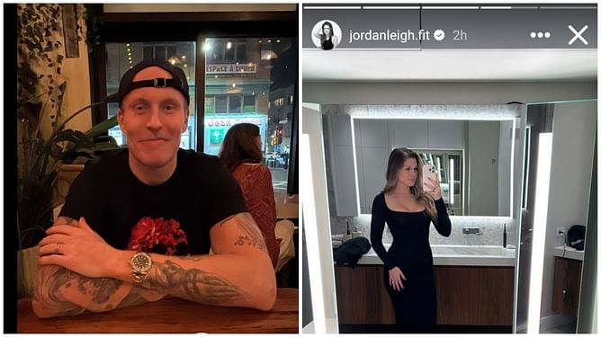 Patrik Laine's fiance Jordan Leigh chooses $150 black long sleeve dress for date night while Habs forward goes for a simpler option
