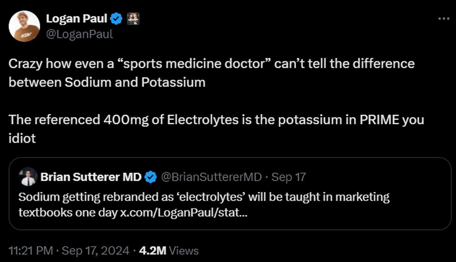 Logan Paul debates sports doctor over Prime&#039;s ingredients (Image via X/Logan Paul)