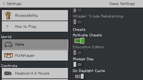 Enable cheats in the game menu first (Image via Mojang Studios)