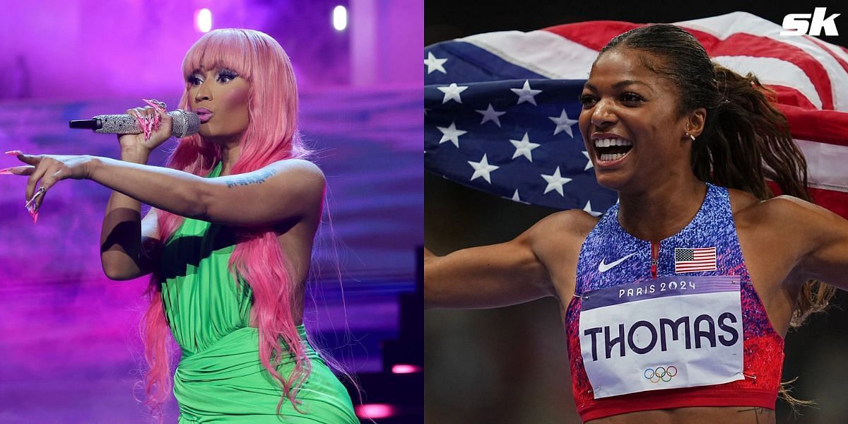 Nicki Minaj expresses her admiration for Gabby Thomas on meeting her at the US Vogue event. (Images sources: Getty)