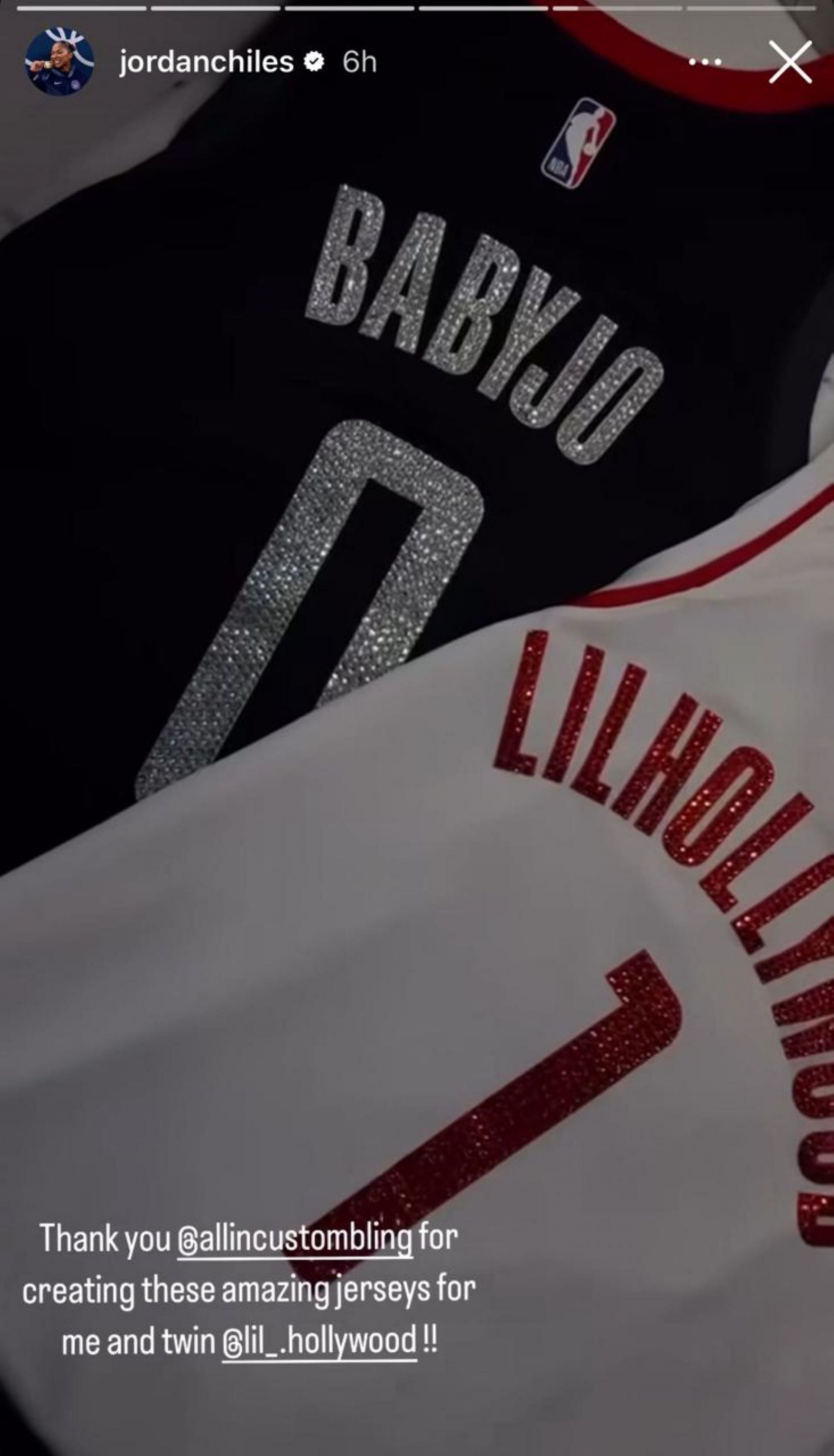 Jordan Chiles&#039; jersey dress for the Houston Rockets&#039; NBA game; Instagram - @jordanchiles