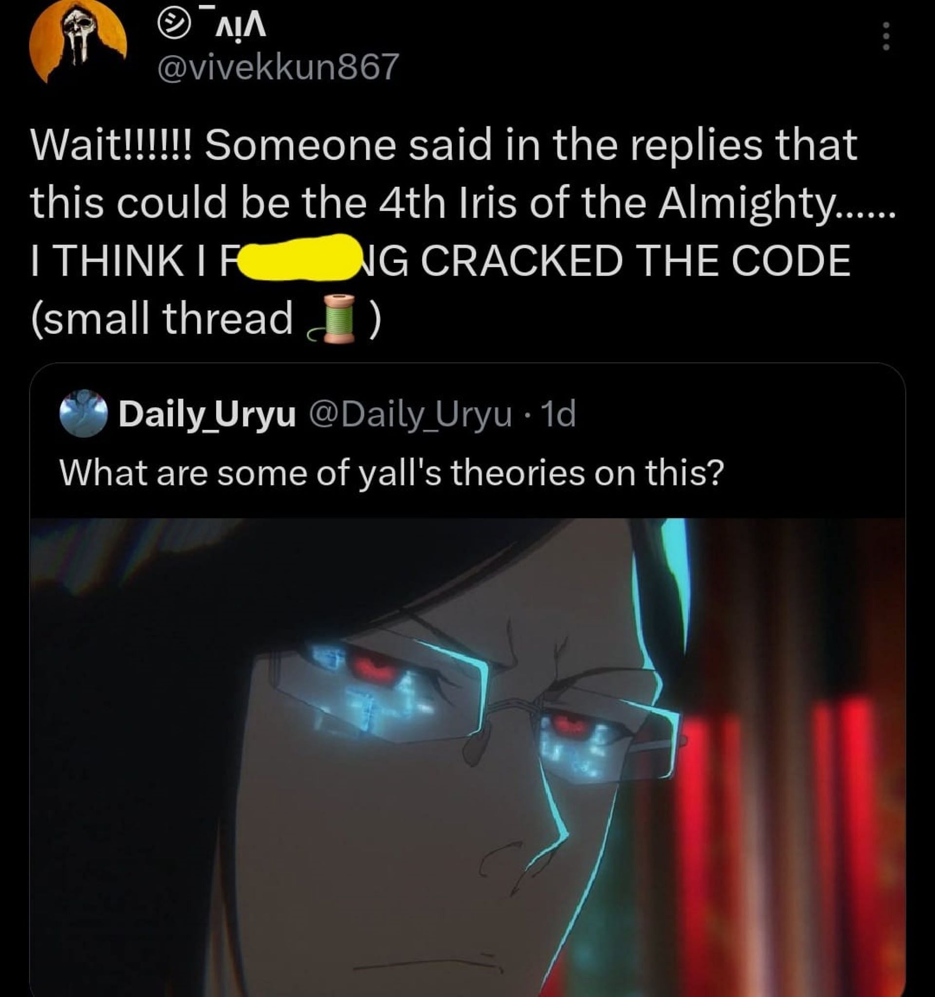 A fan explains the theory why Uryu may have the fourth iris of the Almighty (Image via @vivekkun867/X)