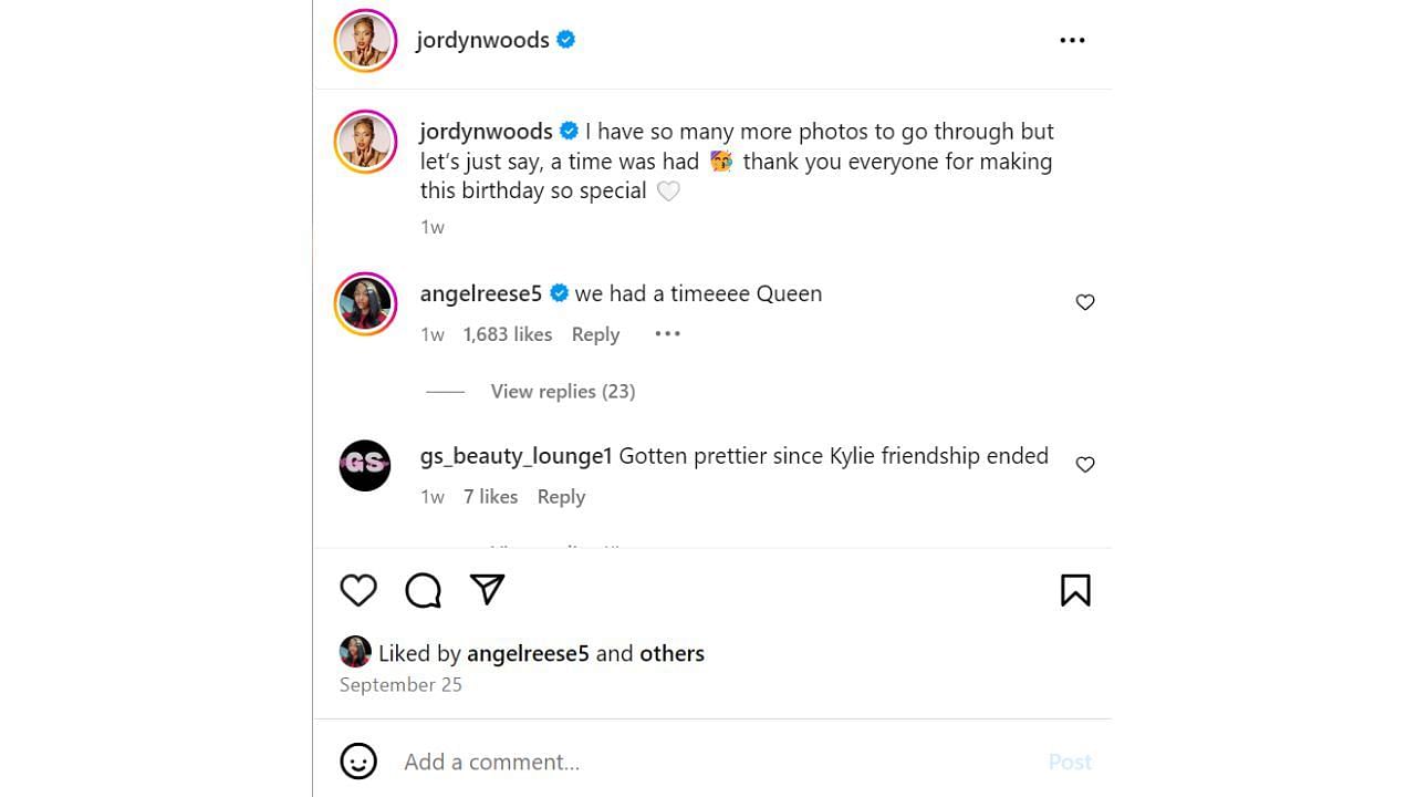 Angel Reese attended Jordyn Woods&#039; 27th birthday party celebration and reacted to photos of the event on IG. [photo: @jordynwoodds/IG]