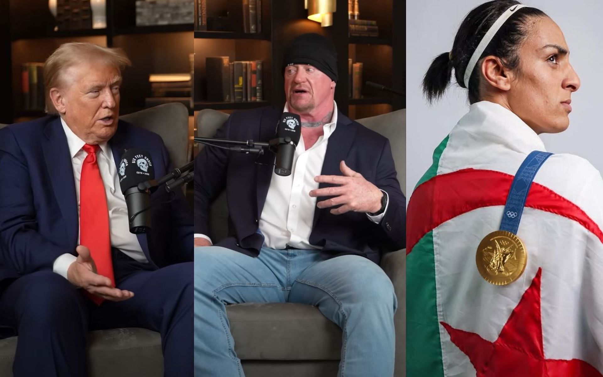 Donald Trump (left) and The Undertaker (middle) talked about the recent Olympic female boxing controversy, which centered around gold medalist Imane Khelif (right). [Image credit: Six Feet Under with Mark Calaway on YouTube, @imane_khelif_10 on Instagram]