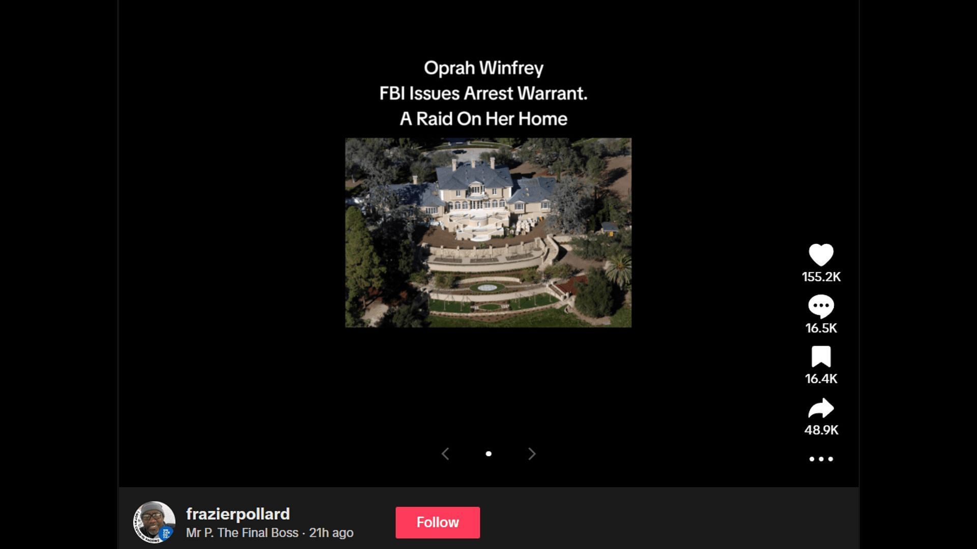 The TikTok video about Oprah&#039;s house raid. (Image via TikTok)