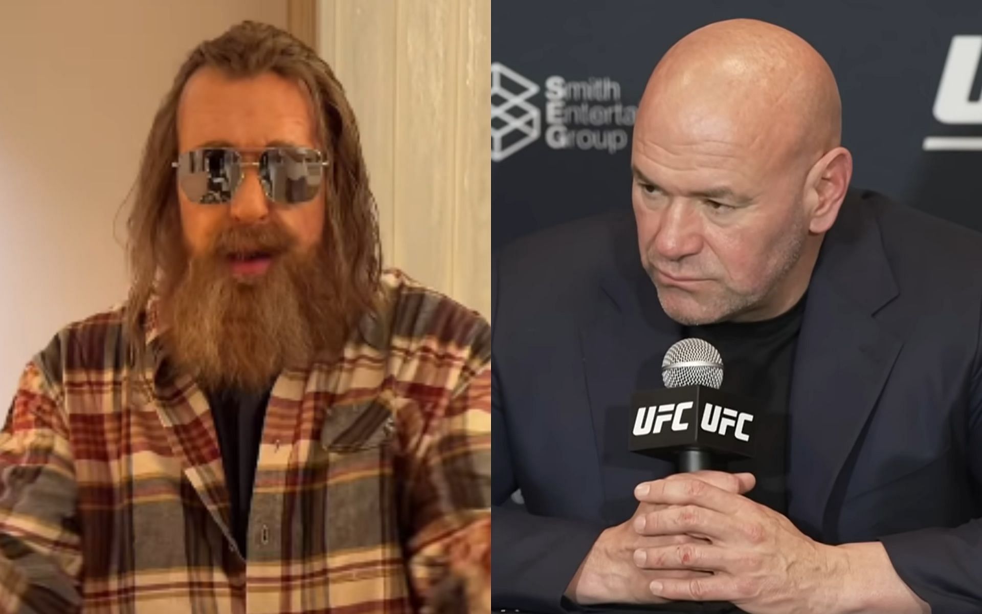 Jake Paul attended Noche UFC 306 disguised as an old man (left) after allegedly being banned by Dana White (right). [Images courtesy: @jakepaul on Instagram and UFC on YouTube]