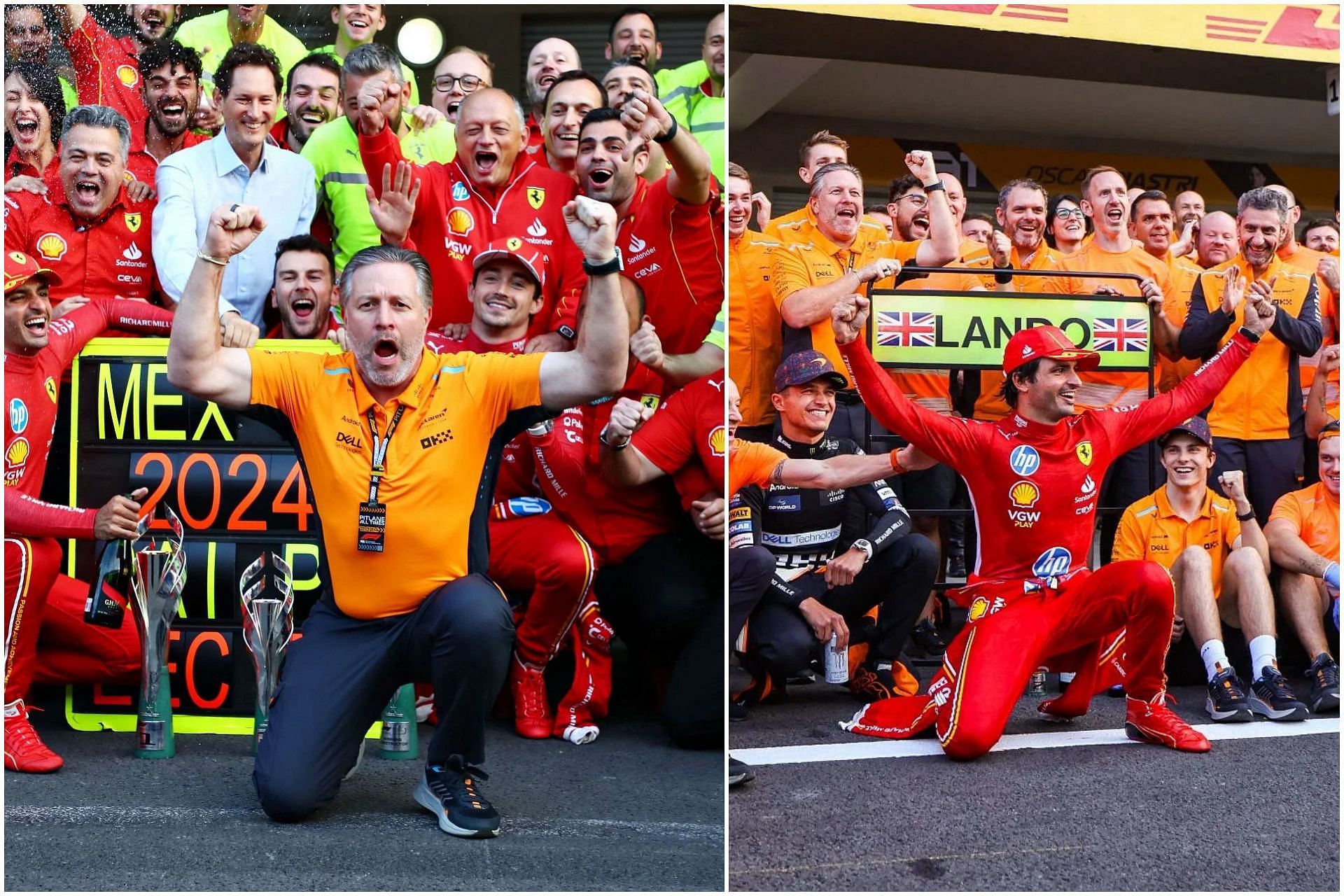 Zak Brown and Carlos Sainz photobombed Ferrari and McLaren group pictures respectively after the 2024 F1 Mexican Grand Prix (Images via Getty)