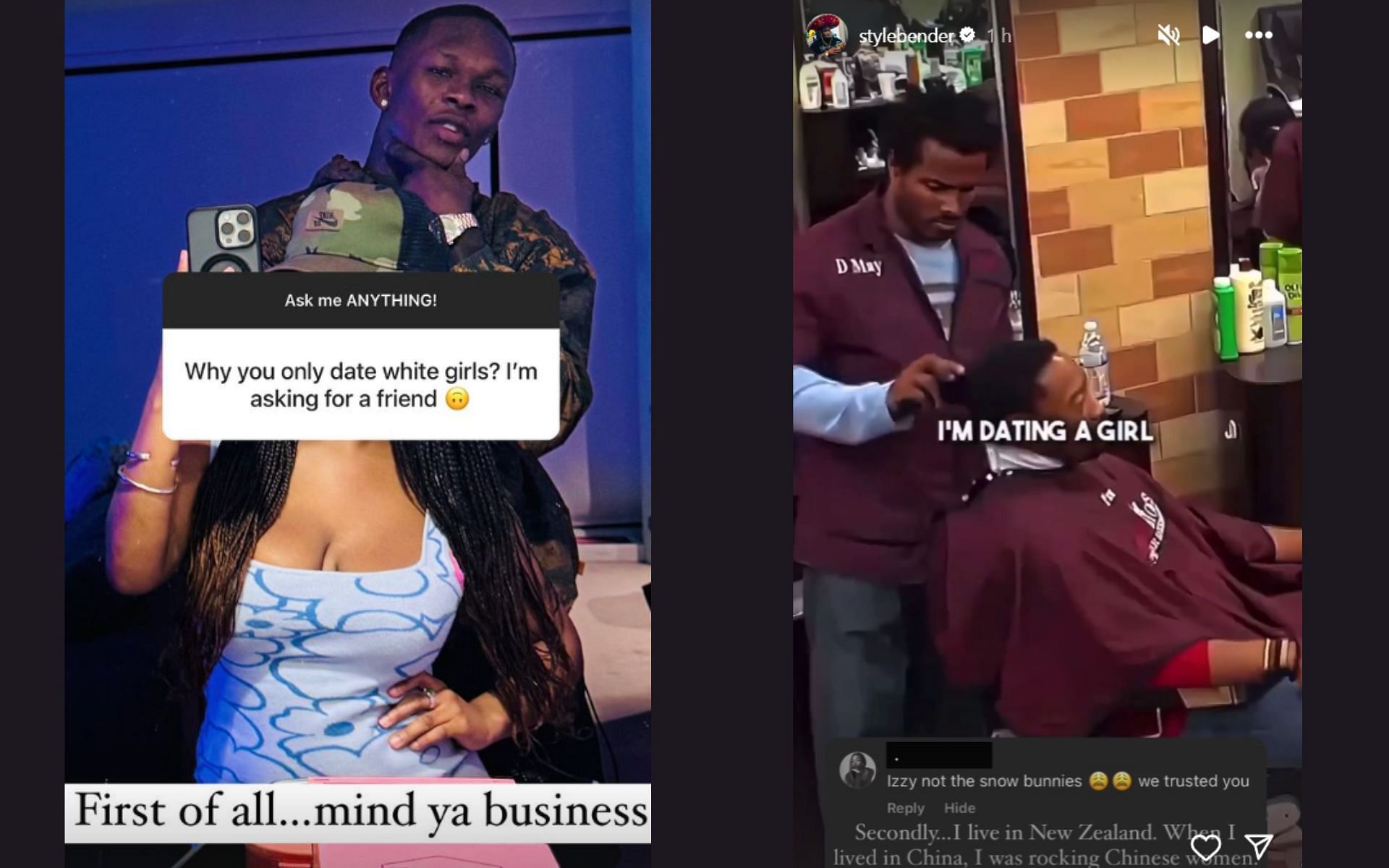 Israel Adesanya&#039;s sharp response to fan questioning his dating preferences. [Images courtesy: @styelbender on Instagram]