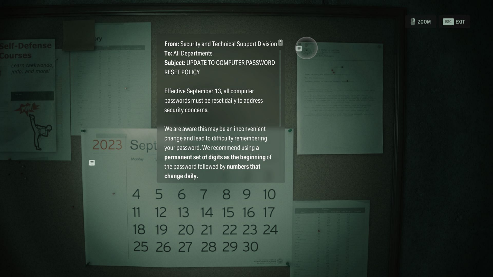 Check the calendar to find out the first four digits of the password (Image via Remedy Entertainment)