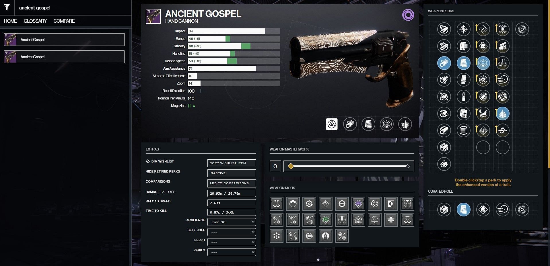 Ancient Gospel PvE god roll (Image via Bungie/D2Gunsmith)