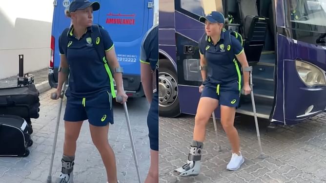 [Watch] Alyssa Healy reports for 2024 T20 Women's World Cup clash against India on crutches after calf injury