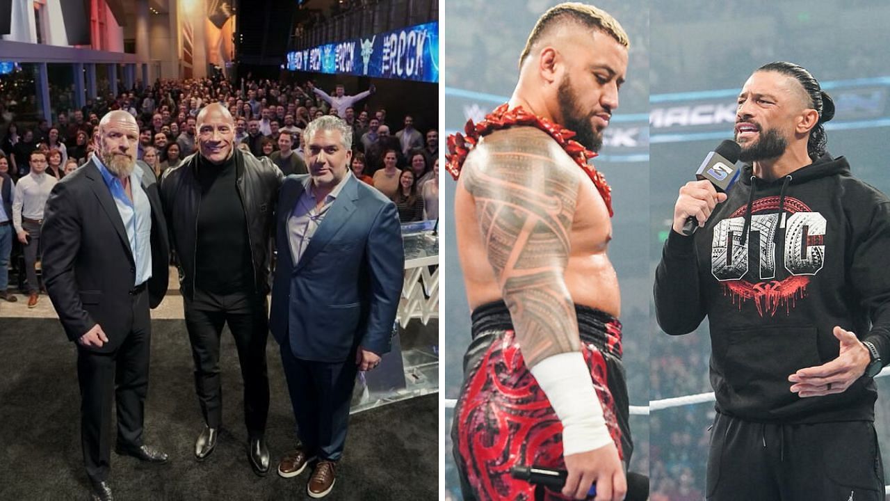 Triple H, The Rock, and Nick Khan (left); Solo and Reigns (right) [via TKO