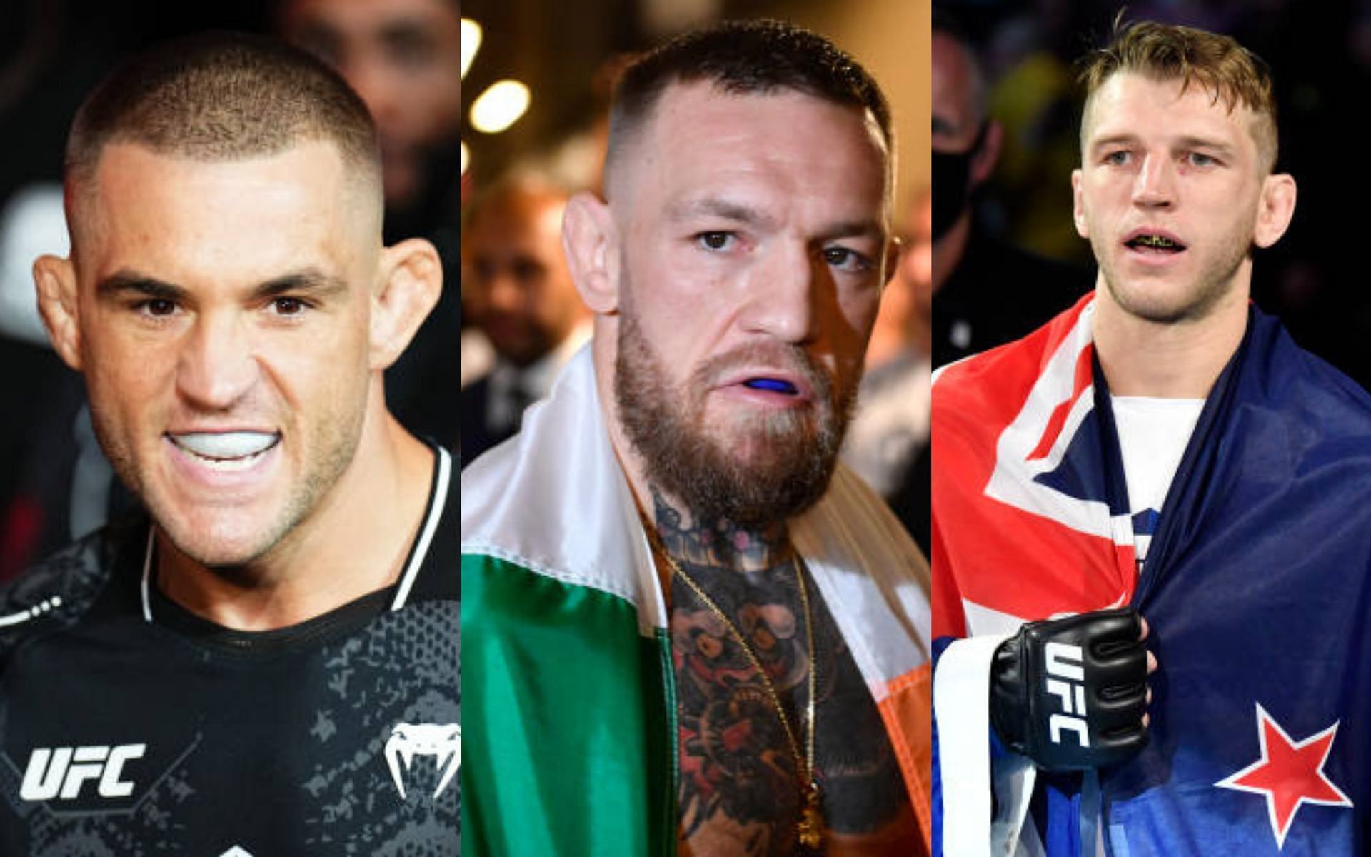 Dustin Poirier (left) teases return to the octagon with Conor McGregor (center) and Dan Hooker (right) among speculated opponents [Image credits: Getty Images]