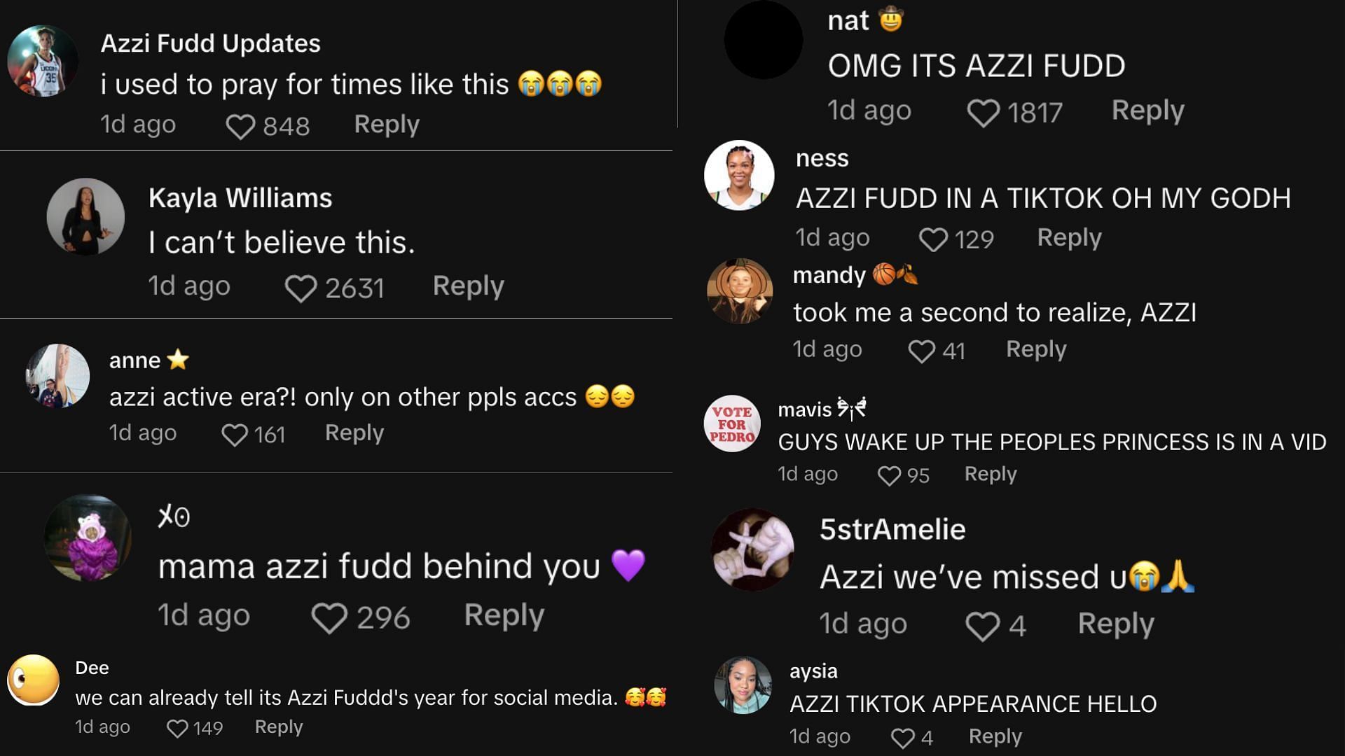 Fan reactions to Azzi Fudd (Credit: TikTok/@ice.bradyy)