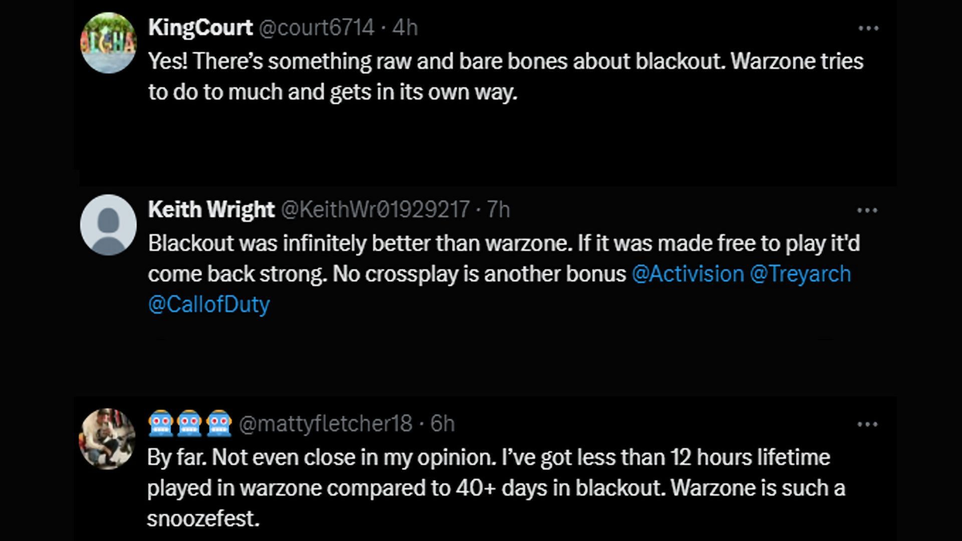 Comments preferring Blackout over Warzone as the better Call of Duty battle royale (Images via X)