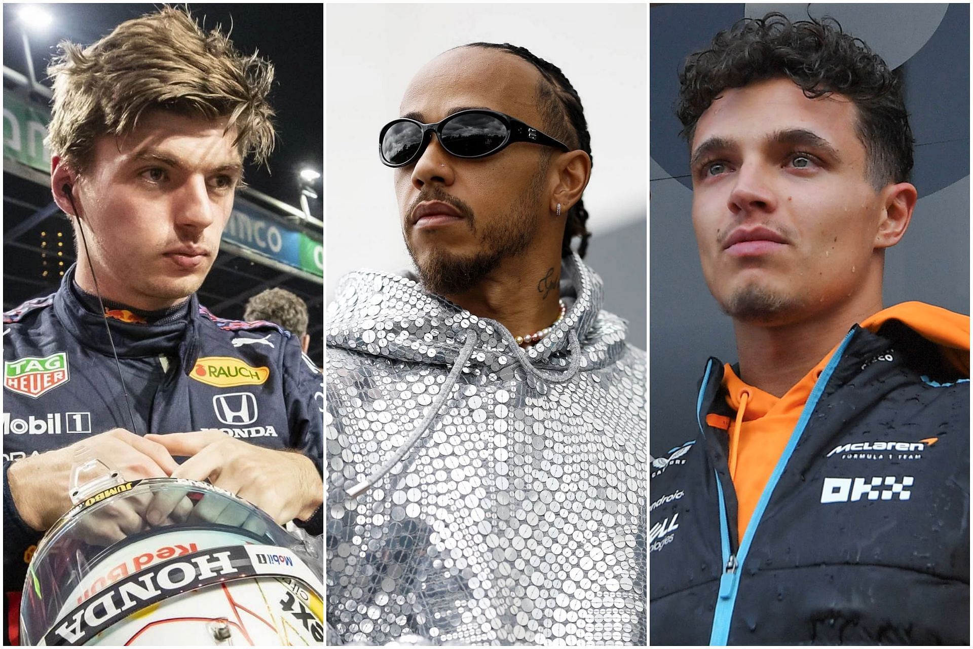 Max Verstappen (L), Lewis Hamilton (C) and Lando Norris (R) (Images via Getty)