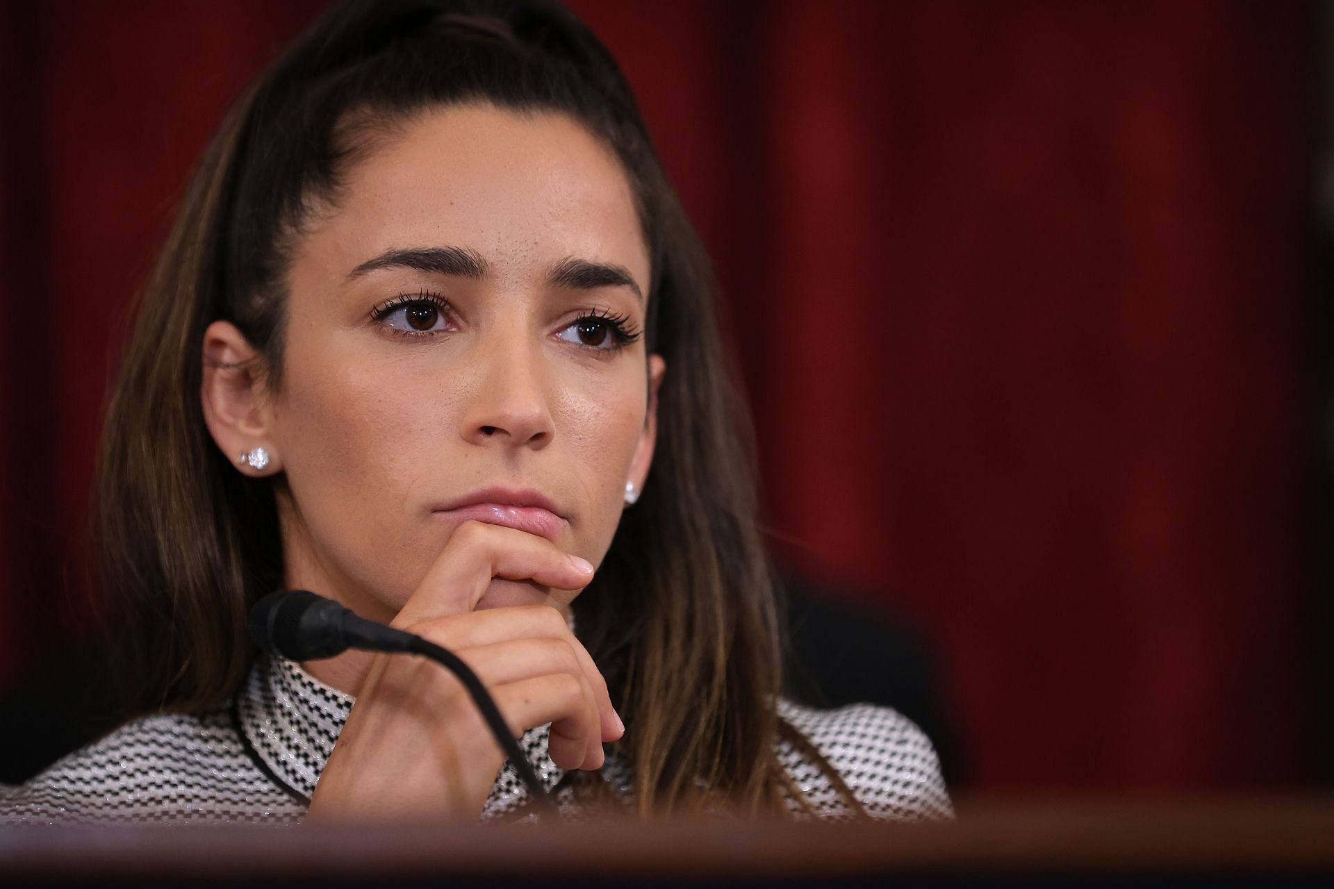 Aly Raisnan thinking at the Bipartisan Senators Hold News Conference On FBI&#039;s Handling Of Nassar Case - Source: Getty