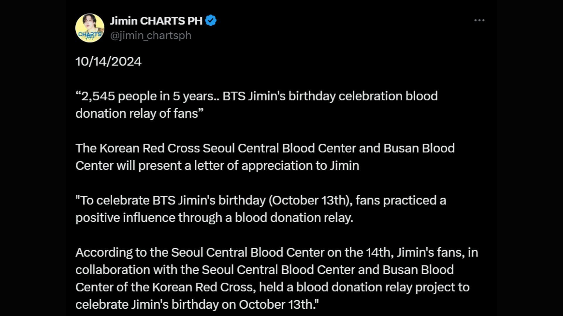 Blood donations are made in the wake of the BTS member&#039;s birthday (Image via Twitter/jimin_chartsph)