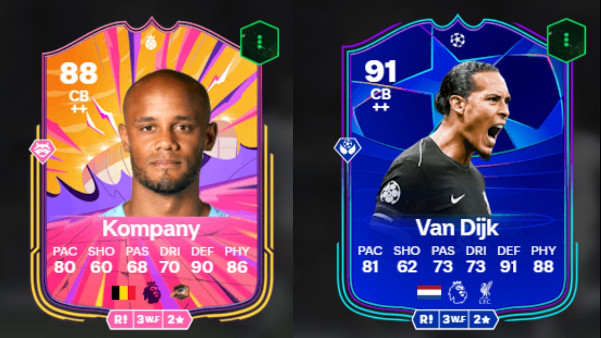 Kompany Premier League Hero and van Dijk UCL RTTK cards (Images via Futwiz || EA Sports)