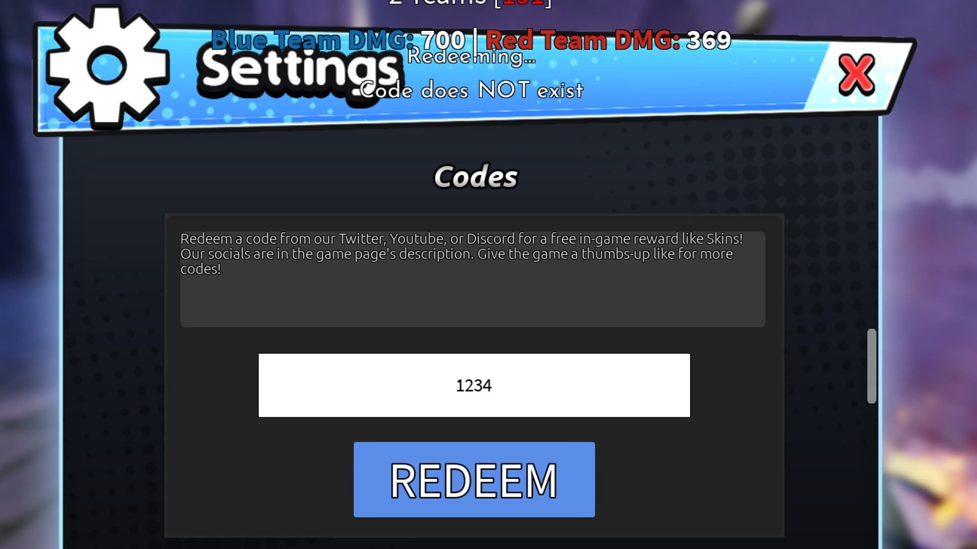 Eternal Battlegrounds invalid code issue (Image via Roblox)