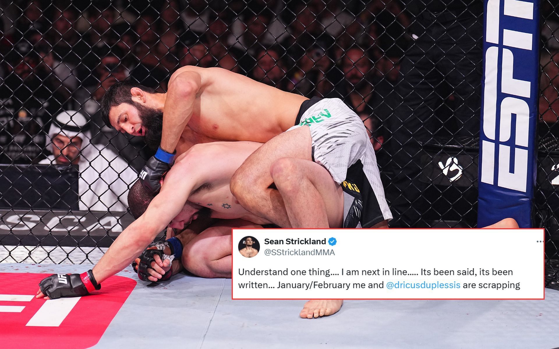 Khamzat Chimaev (top) during his final sequence against Robert Whittaker (bottom) at UFC 308. [Images courtesy: Getty Images and @SStricklandMMA on X]