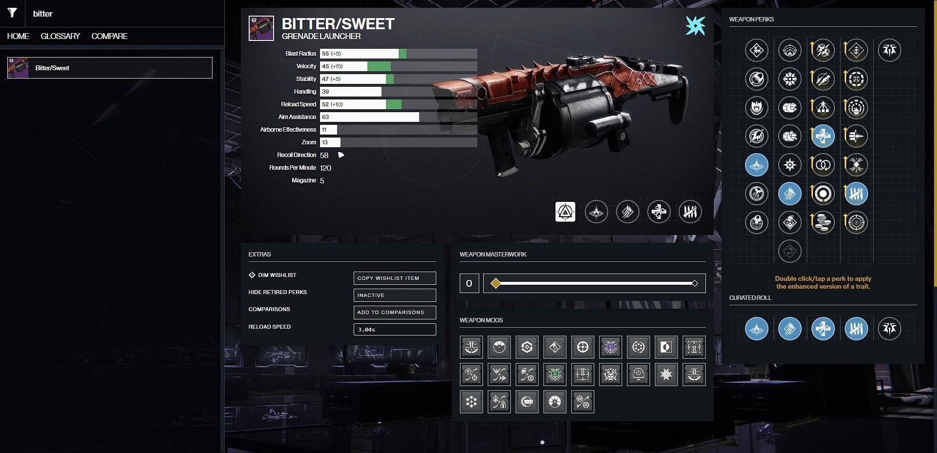 Bitter/Sweet PvP god roll (Image via Bungie/D2Gunsmith)