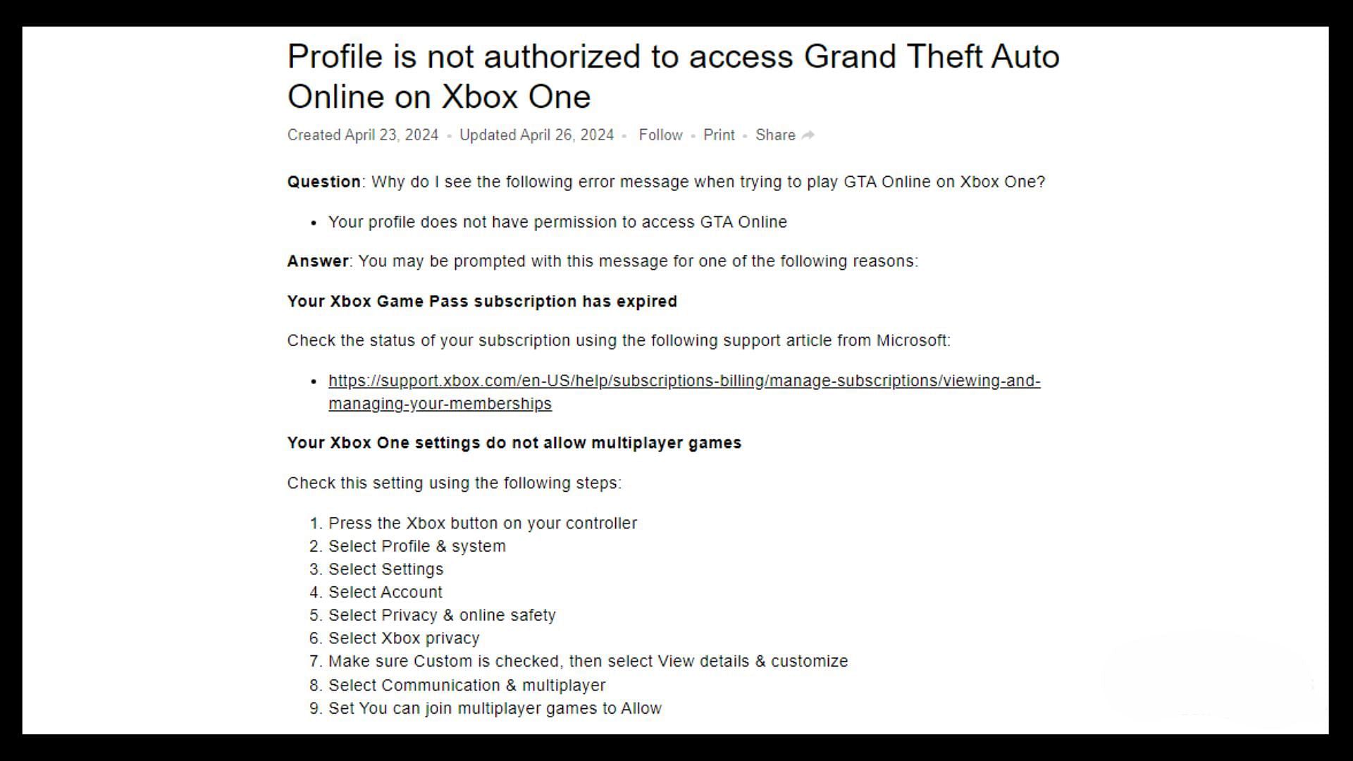 Rockstar&#039;s official support article on this GTA Online error for Xbox One (Image via Rockstar Games)