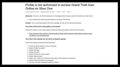 Rockstar's official support article on this GTA Online error for Xbox One (Image via Rockstar Games)