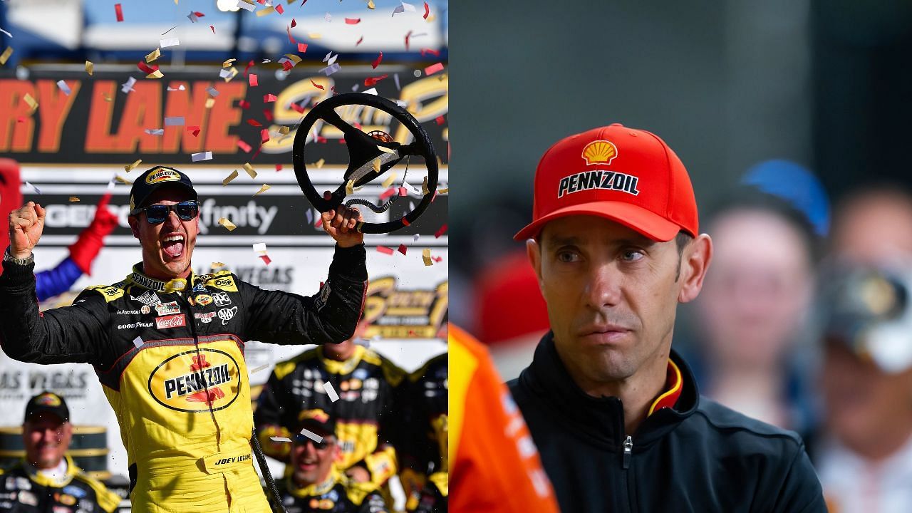 Joey Logano celebartes his Las Vegas win (L) and his crew chief, Paul Wolfe (R) (Source: Imagn (L) Getty Images (R))