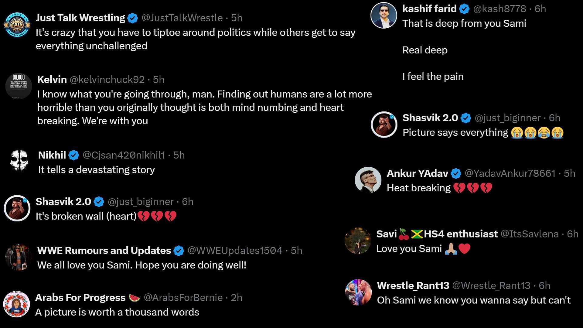 Wrestling fans respond to Zayn&#039;s heartbreaking update. [Photo credits: Screenshot of fan responses on Zayn&#039;s X post]