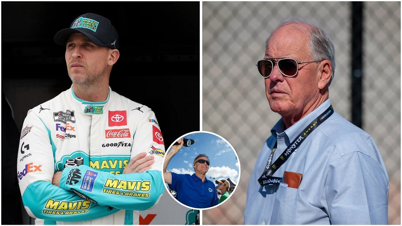 Denny Hamlin, co-owner of 23XI Racing (L), Jim France, CEO of NASCAR, and Kenny Wallace (circle). Credit: Imagn Images