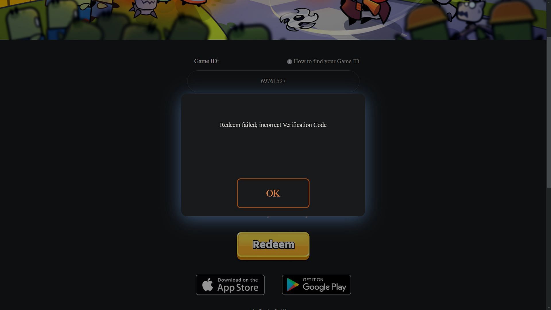 Survivor.io error on entering expired code (Image via Habby)