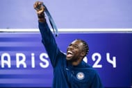 Gold medalist Noah Lyles, of the United States celebrates on the podium during a ceremony for the men's 100-meter final at the 2024 Summer Olympics in Saint-Denis in Paris, France. (Photo via Getty Images)