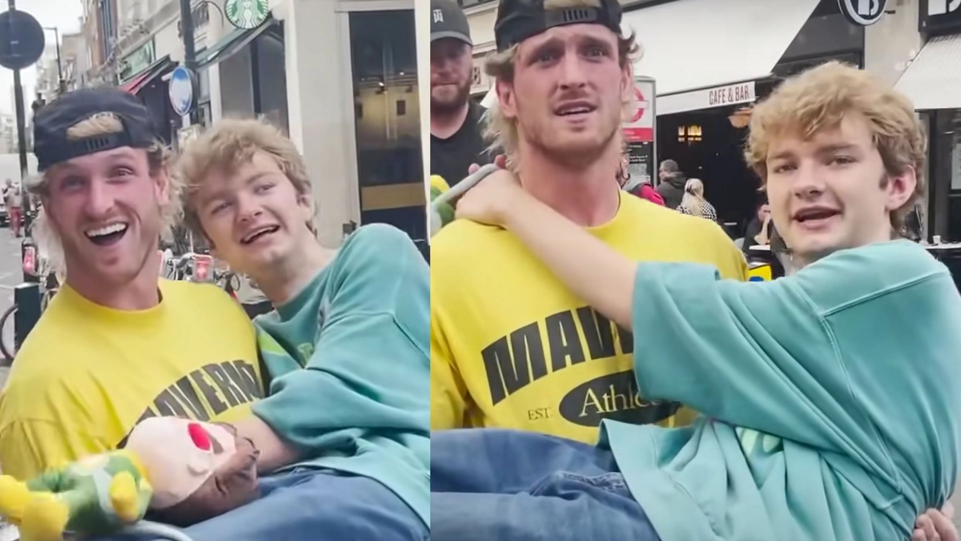 Logan carried Tommyinnit through the streets of London while they were out shopping in a vlog (Images via Tom Simons/YouTube)