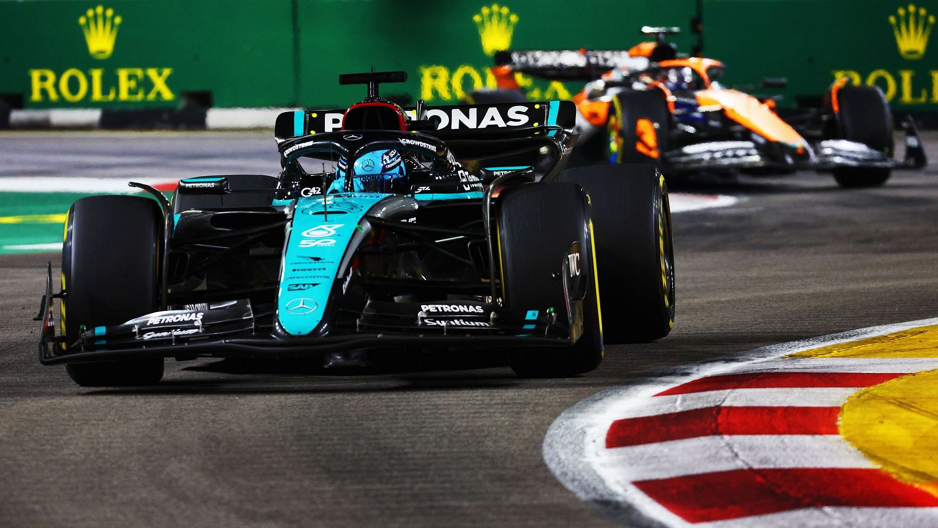 George Russell of Great Britain driving the (63) Mercedes AMG Petronas F1 Team W15 at the F1 Grand Prix Of Singapore - Source: Getty Images