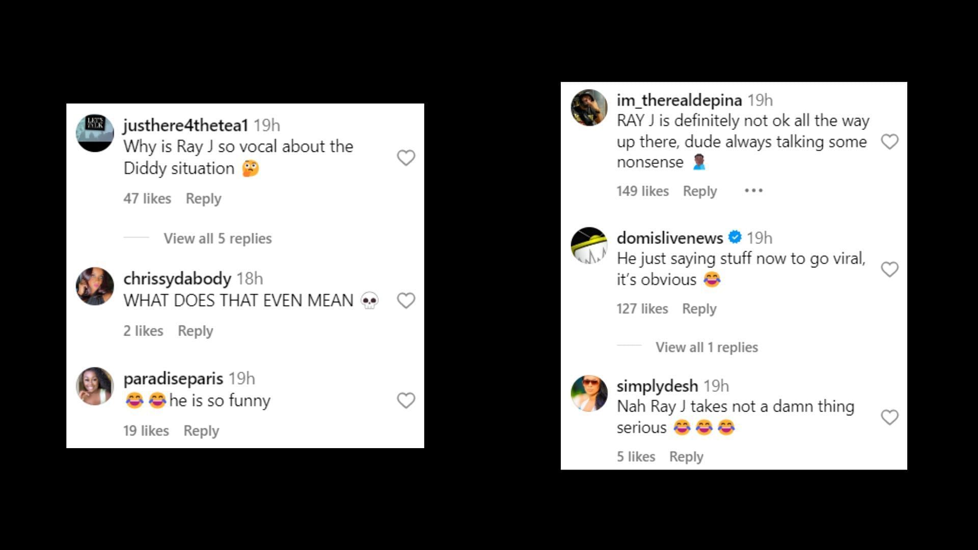 User reactions to Ray J&#039;s post (Images via Instagram/@hollywoodunlocked)