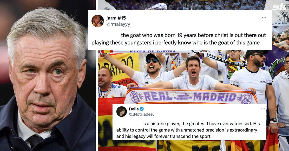 Carlo Ancelotti (left) and Real Madrid fans (right) (both images via Getty and X/ @INotHadeel and @rmalayyy)